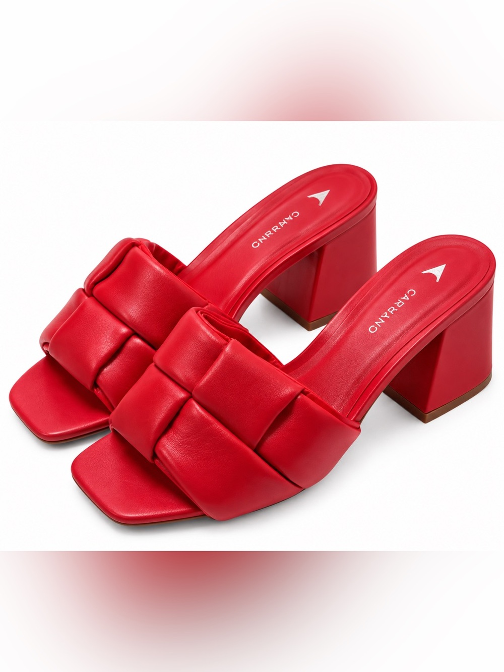 CARRANO Red Padded Square-Toe Block Heel Mules